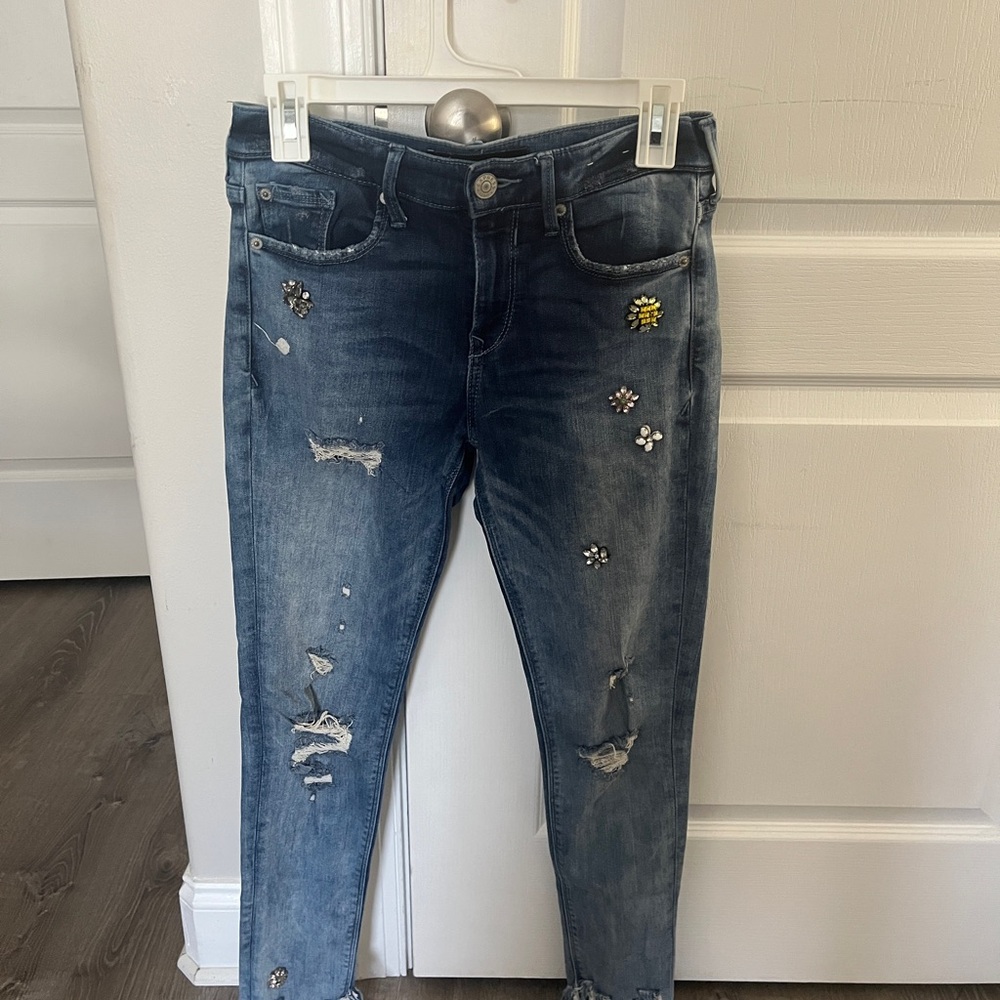 Express Women's Skinny Jeans with Crystal Embellishments - Blue